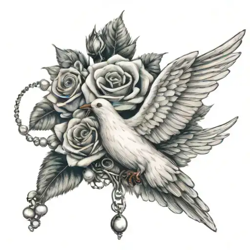dove flying roses with rosary wrapped tattoo design idea