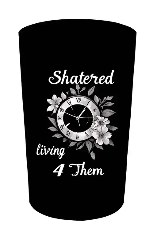 "Shattered living 4 Them" shattered broken clock face with flowers loss of family  tattoo design idea