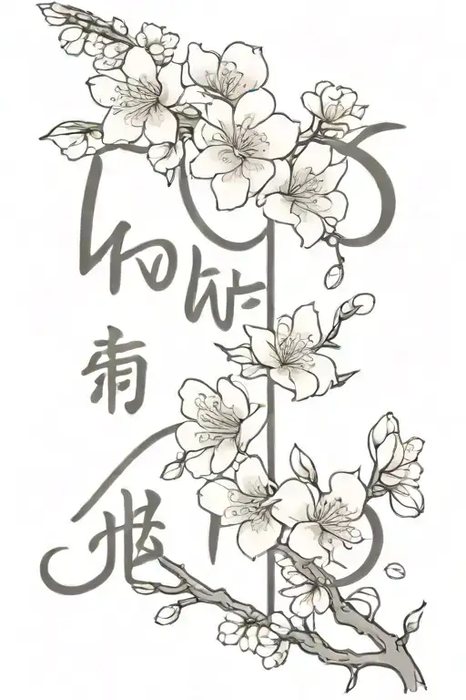 love and mother in Japanese written vertically with cherry blossoms intertwining it tattoo design idea
