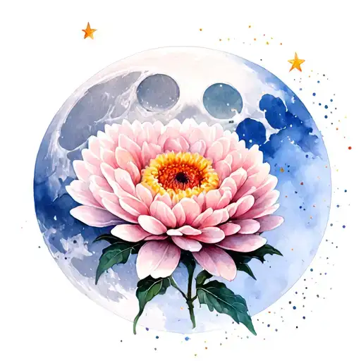 chrysanthemum flower waning gibbous moon and Sagittarius constellation tattoo design idea