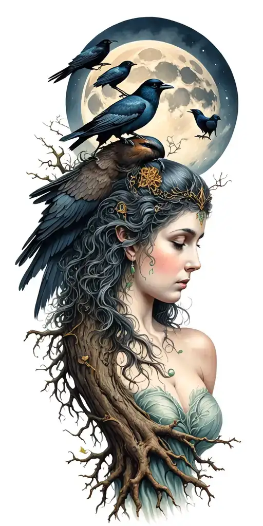 the morrigan Irish goddess with crows an old oak tree growing and bright moonlight tattoo design idea