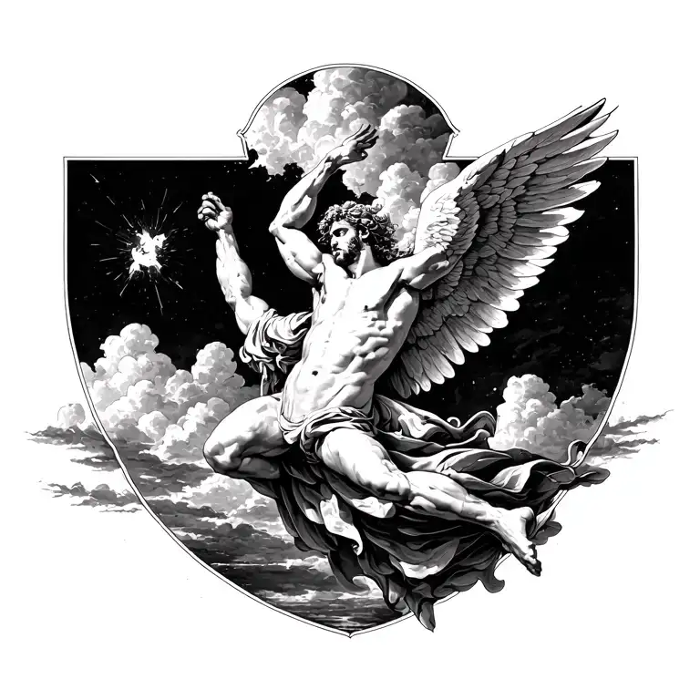 A black and white Renaissance-style ink drawing of Icarus falling from the sky, seen from a dramatic, slightly angled pe tattoo design idea