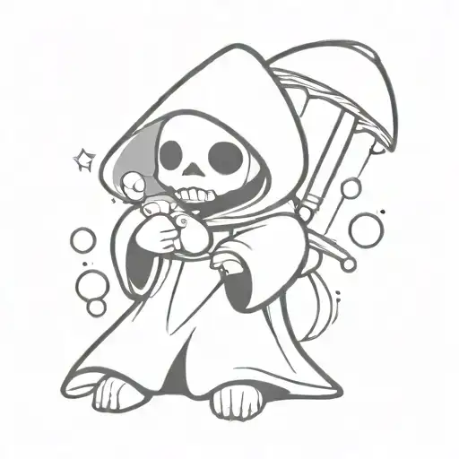 grim reaper holding a teddy bear surrounded by bubbles chibi  tattoo design idea