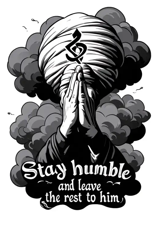 praying hands leading to a Sikh khanda and below it a quote that goes " stay humble and leave the rest to him" clouds  tattoo design idea