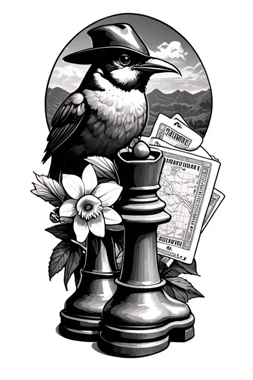 huming bird, tractor, daffodil, knight chess piece, movie tickets, playing cards, cowboy boots, map tattoo design idea