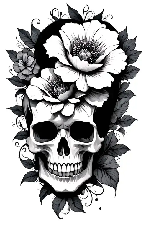 flower music skull tattoo design idea