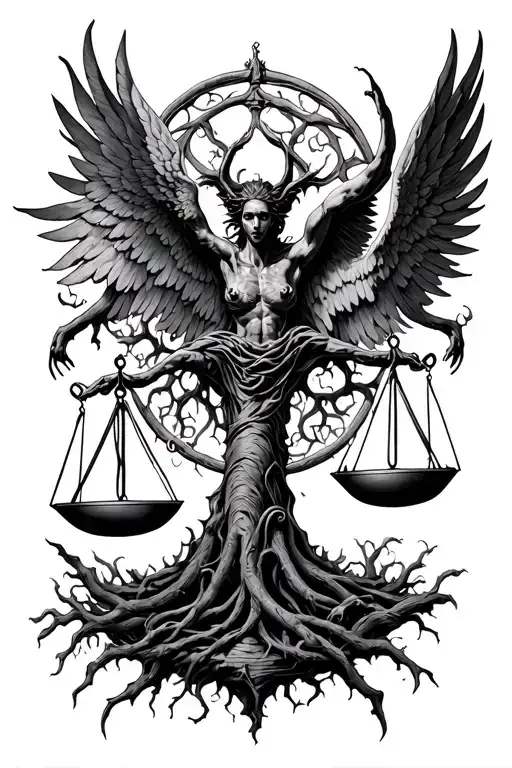 demonic Libra scales intertwined with the tree of life has angel and demons in the scales  tattoo design idea