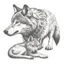 wolf protecting cub playing tattoo design idea