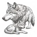 wolf protecting cub playing tattoo design idea