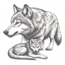 wolf protecting cub playing tattoo design idea