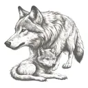 wolf protecting cub playing tattoo design idea