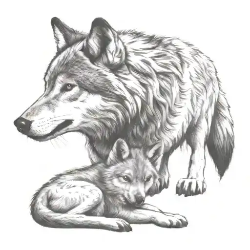 wolf protecting cub playing tattoo design idea