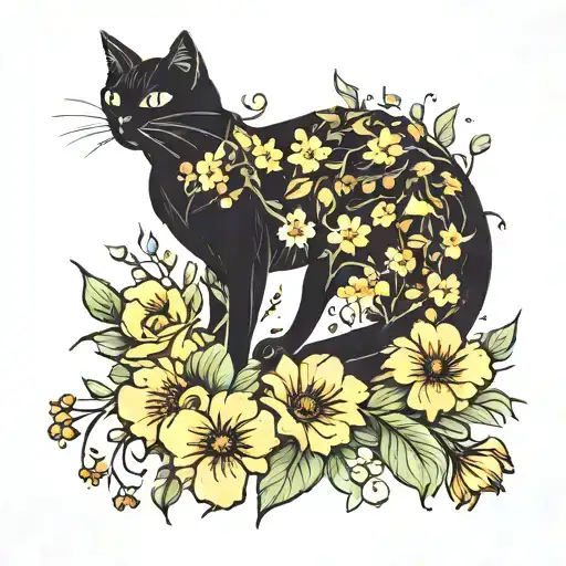 black cat in a flower garden scene tattoo design idea