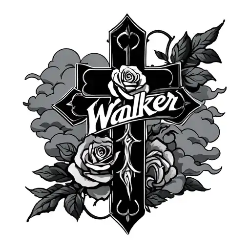cross with the name Walker with a rose and clouds tattoo design idea