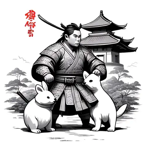 Japanese samurai protecting a small bear and bunny rabbit with a temple in the background tattoo design idea