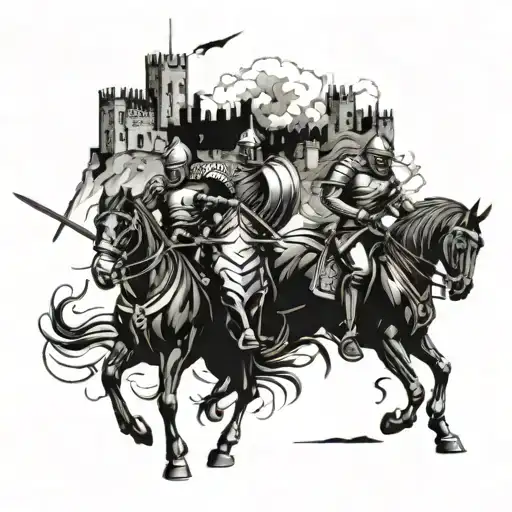 Dark,medieval war, dead knights, swords, gold details, horses, burned houses, destroyed castle tattoo design idea