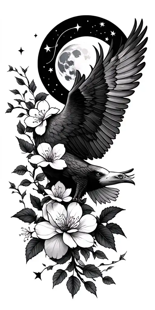 a left arm sleeve that includes cherry blossom, the moon, the seven star constellation and a flying eagle  tattoo design idea