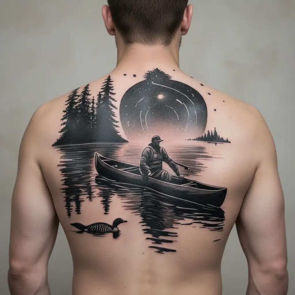 man in canoe on lake under constellations with loon on water tattoo design idea