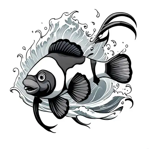 clown fish swimming through a wave that looks like poseidons trident tattoo design idea