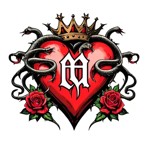 "M G" Gothic-style heart entangled with thorns, topped with a crown, four roses, and two angry snakes with Gothic-style letter tattoo design idea