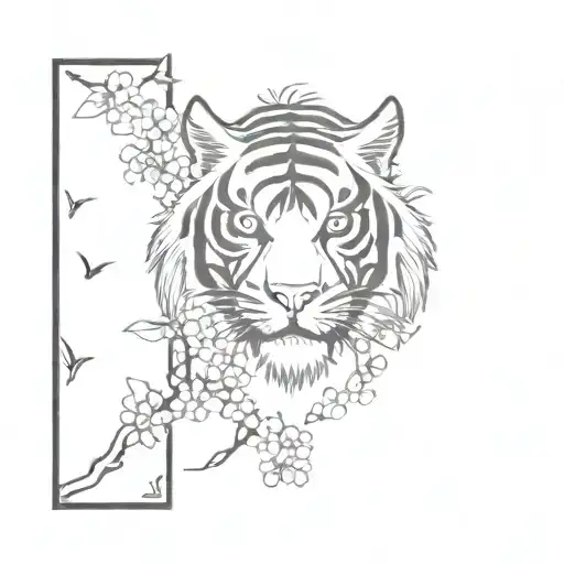 A sketch style tattoo of a tiger and dragon facing off in a traditional Japanese setting, with cherry blossoms in the background tattoo design idea