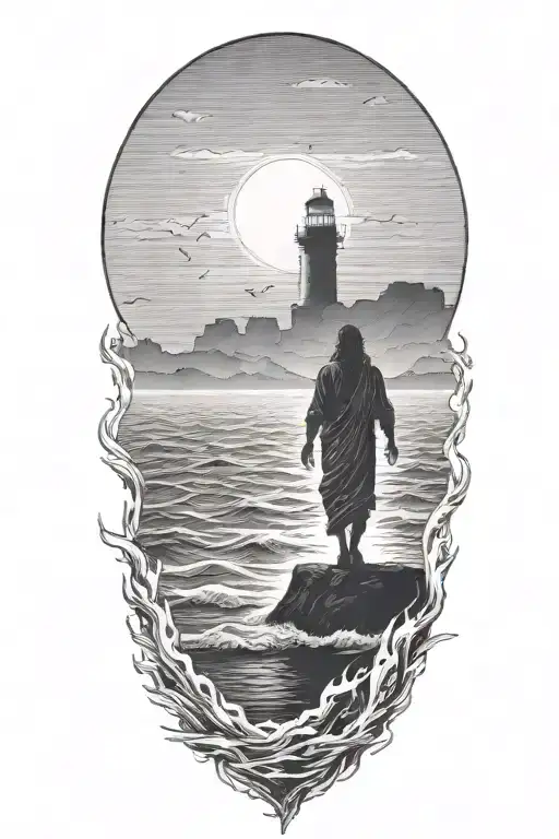 A Silhouette Of muscular Jesus Walking On Water towards a distant Lighthouse, realistic, veiw from the back,  tattoo design idea