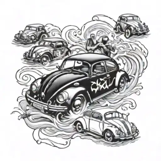 Swim coach guiding a group of VW Beetles through the ocean tattoo design idea