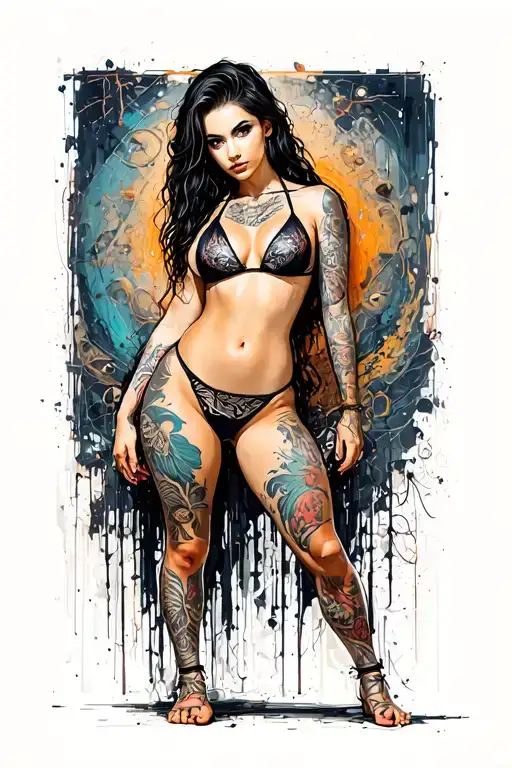 Sexy girl, petite, small boobs, wide hips, bikini . long hair,sexual. Seductive. Full Body, standing with legs and feet tattoo design idea