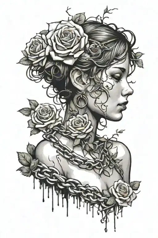 Silhouette of a girl with short hair, naked chest, anatomically correct body, roots growing out of chains, roses tattoo design idea