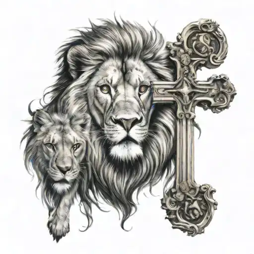 cross with jesus and lion tattoo design idea