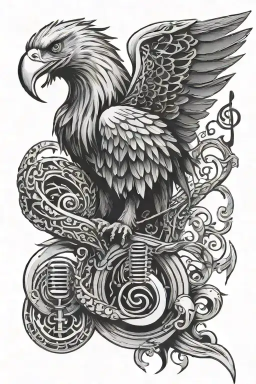 music, microphone, treble clef, eagle wing, dragon tattoo design idea