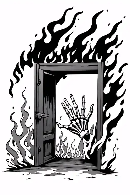 a half-open door from which flames burst forth, a skeleton's hand reaches out from the fire tattoo design idea
