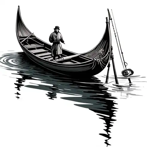 A traditional Italian gondola floating on water, incorporating elements of jiu jujutsu and fishing equipment tattoo design idea