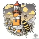 lighthouse and bumblebee flying tattoo design idea