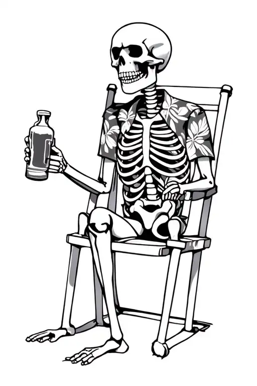 Skeleton wearing a Hawaiian shirt. Sitting in a beach chair facing to the left. Holding a beer. Scuba tank leaning again tattoo design idea
