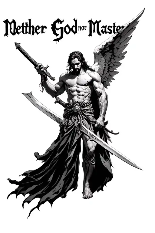 "Neither God nor Master" a fallen angel holding a sword in his hands with an apocalyptic decor. tattoo design idea