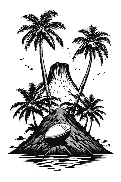 one tropical island with small volcano palmtree. Kiwibird shots rugbyball between two straight post tattoo design idea