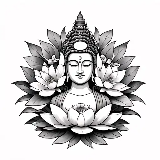 Boudha with lotus flower and frangipanier flowers tattoo design idea