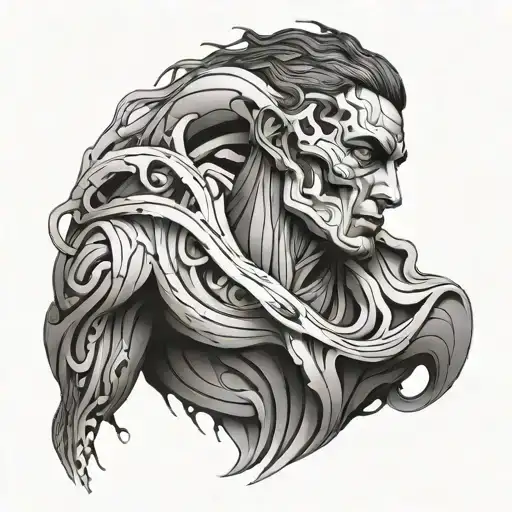 Abstract tattoo design on a 3D model of a male shoulder. Fluid and dynamic elements with organic lines that flow natural tattoo design idea