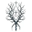 Dry branches with silver crosses and Gothic curls tattoo design idea