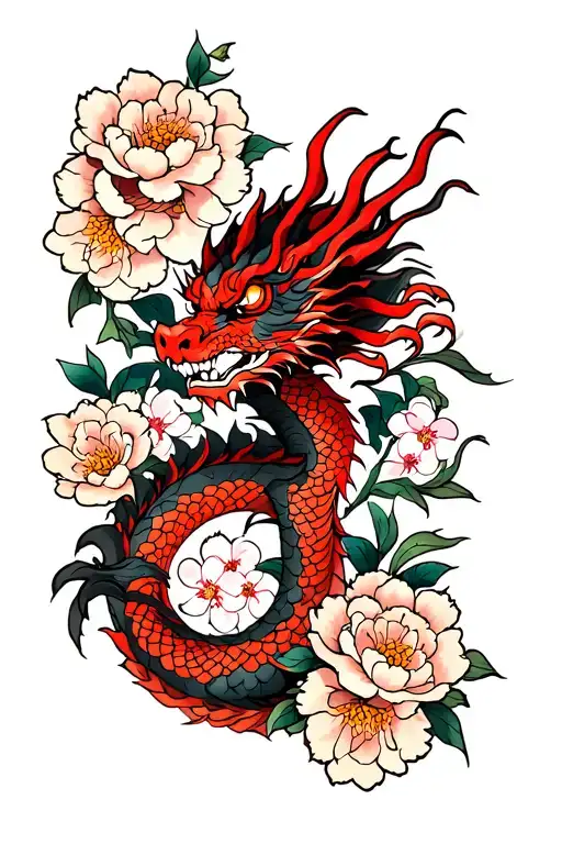 American traditional wrap around forearm dragon tattoo with peonies and cherry blossoms. Dragon is red and black and peo tattoo design idea