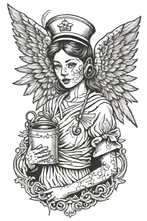 nurse with a face covered in banages with angel wings tattoo design idea