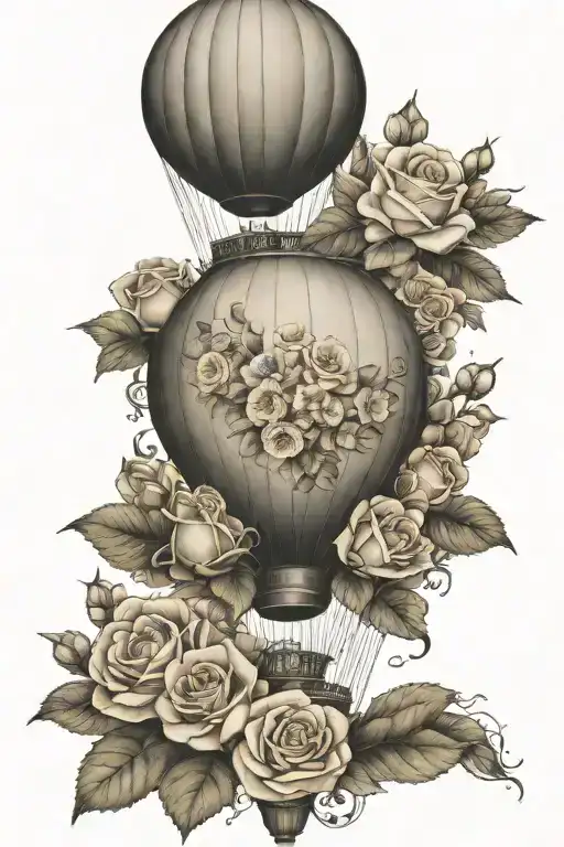 Hot air balloon lands in roses and flowers tattoo design idea