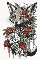 undead fox crawling covered in Belladonna and foxglove flowers, in a Gothic style with white eyes  tattoo design idea