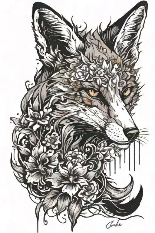undead fox crawling covered in Belladonna and foxglove flowers, in a Gothic style with white eyes  tattoo design idea