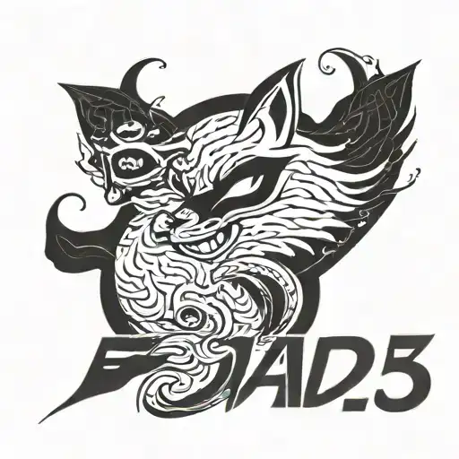 a kitsune and a nissan r33 with the word "Jade" tattoo design idea
