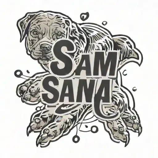 Pitbull paw print with Roman numerals of 12~07~2018 underneath and the name Sam in cursive writing in the paw  tattoo design idea