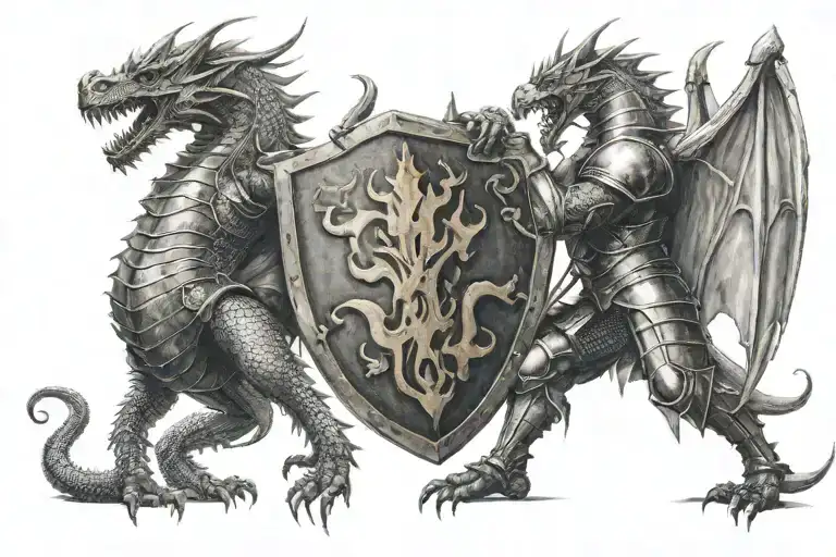 dragon breathing fire and a knight holding a shield to block the fire tattoo design idea