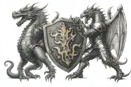 dragon breathing fire and a knight holding a shield to block the fire tattoo design idea