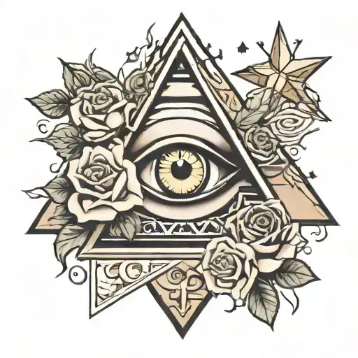 pyramid with roses and eyeball with stars tattoo design idea